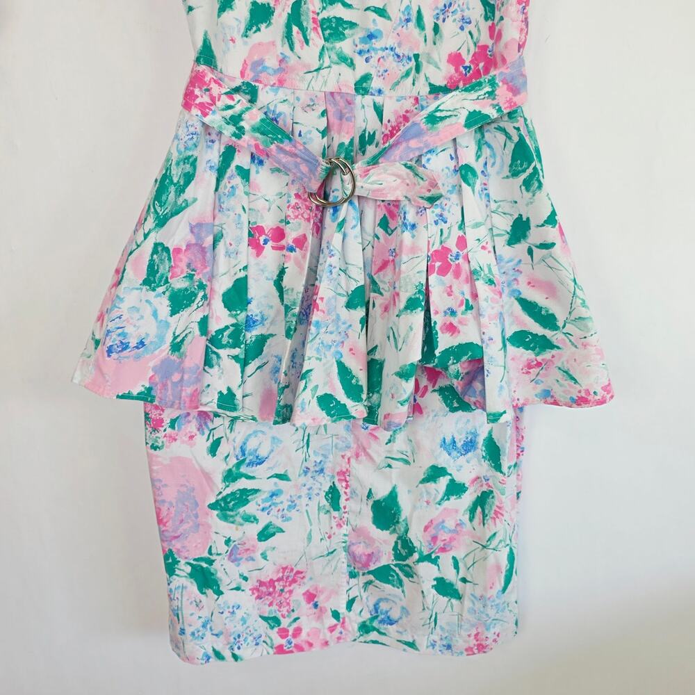 Vintage 80s Peplum Dress Pencil Skirt Small White Pink Floral Belted Sleeveless - Picture 5 of 11